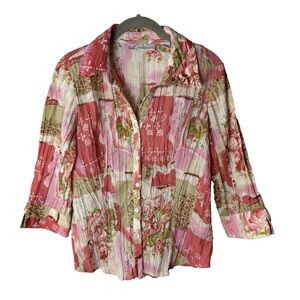 Dressbarn Shirt Size Medium Top 3/4 Sleeves Floral Button Up Cotton Blend Pink